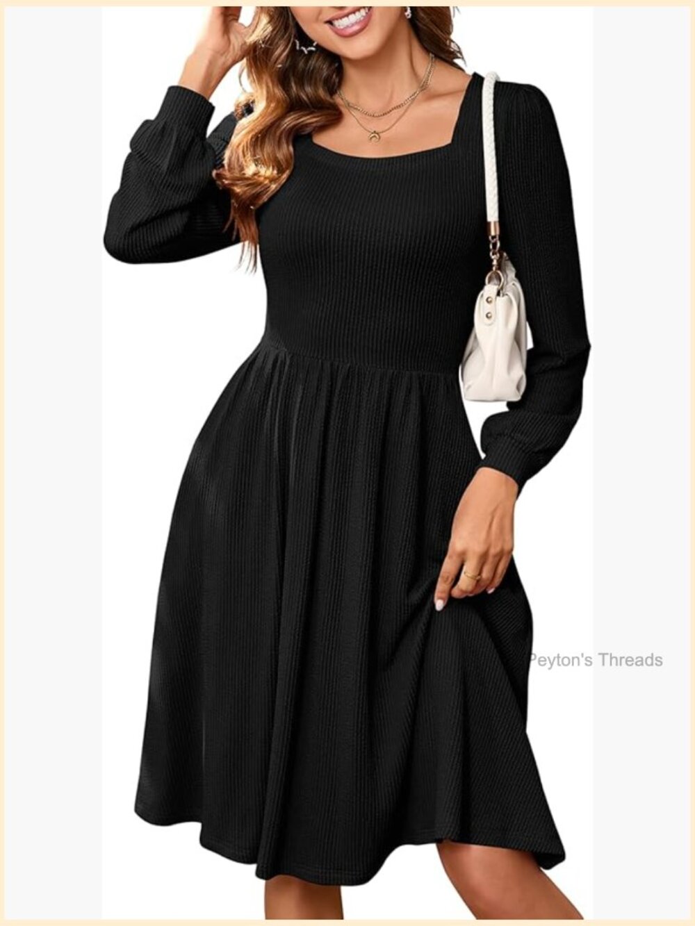 Long Sleeve Midi Babydoll Dress Square Neck Tiered Ruffle A-Line Lightweight